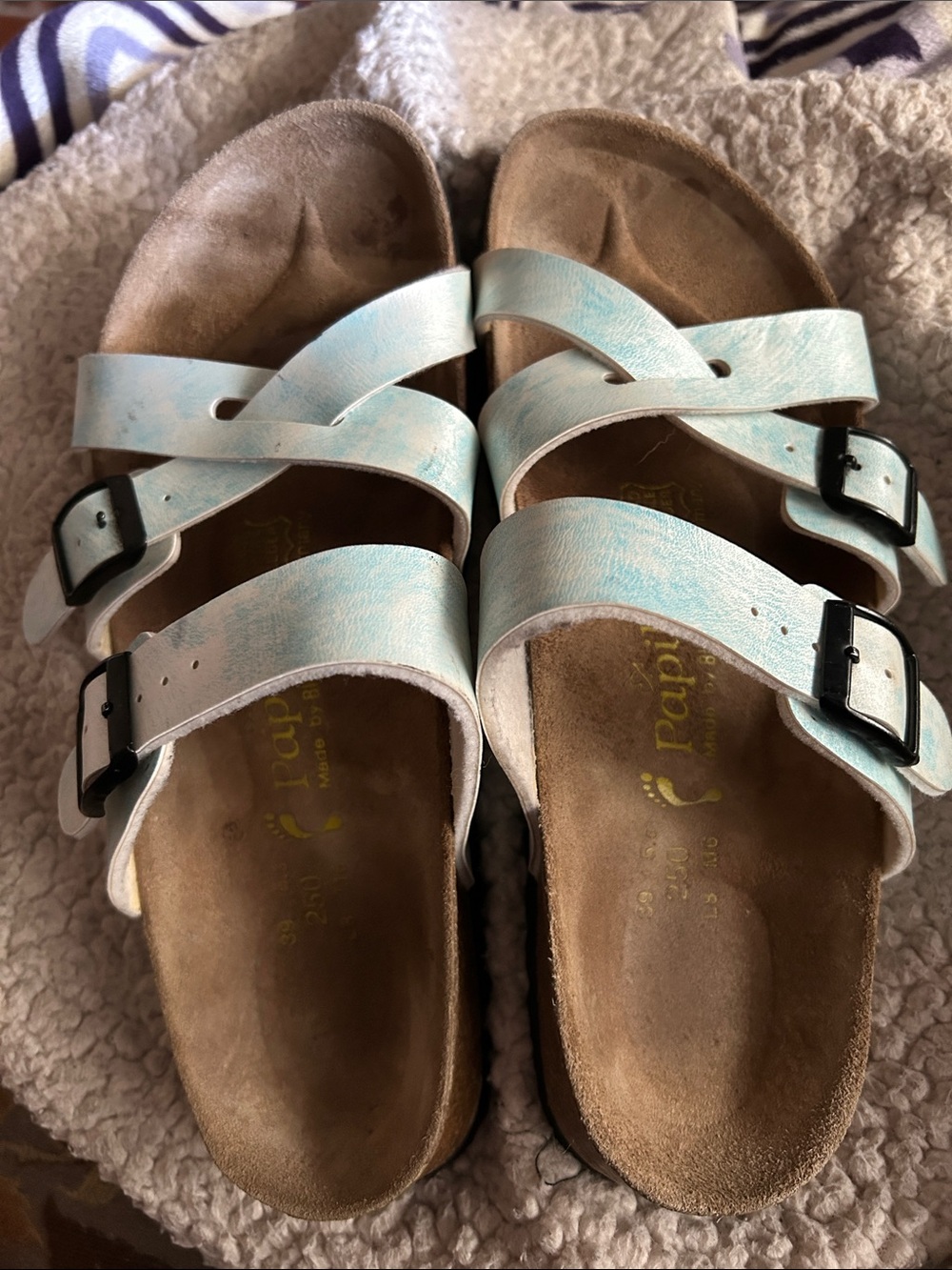 Birkenstock-Papillio White Light Green Metallic Crisscross Buckle Sandals